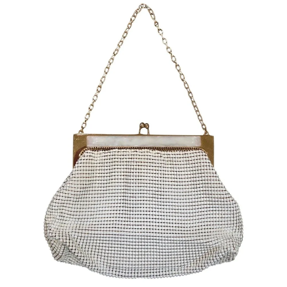 Vintage 40s-50s Whiting and Davis MCM White Enamel Metal Mesh Evening Bag